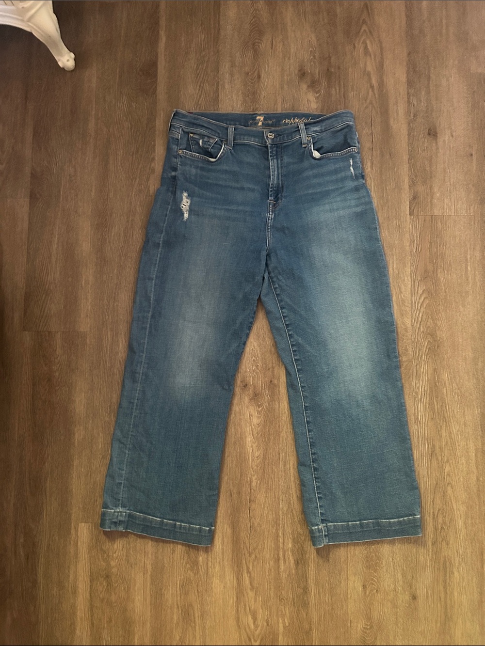 7 For All Mankind Distressed Mid-Blue Wide-Leg Jeans
